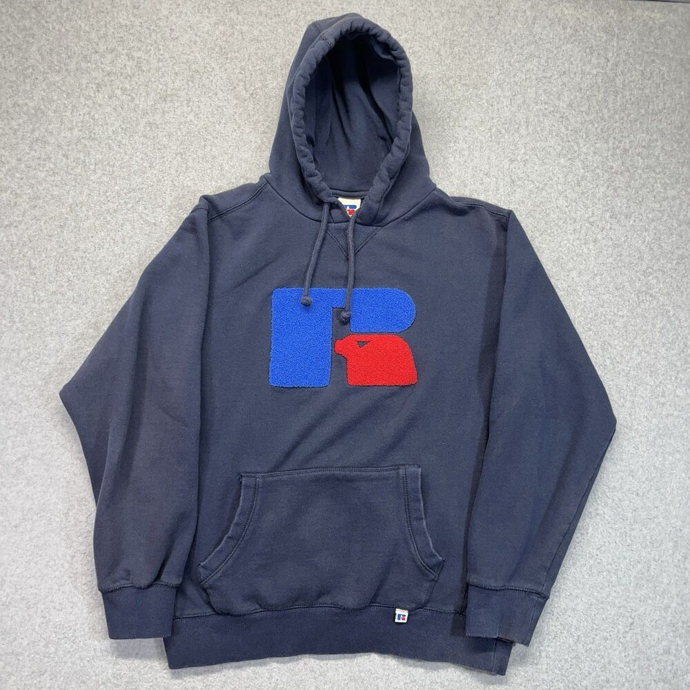 Russell Athletic Men’s Large Blue Hoodie Raised Logo Old Style Vintage Faded